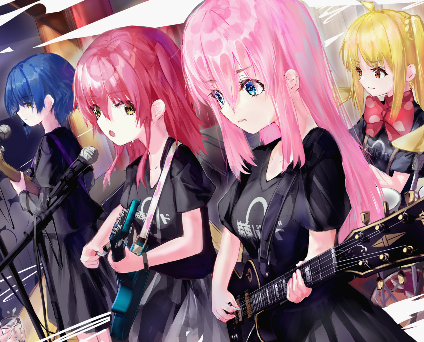 4girls absurdres ahoge aqua_eyes black_shirt black_skirt blonde_hair blue_hair bocchi_the_rock! bow closed_mouth commentary_request concert cowboy_shot foreshortening frown fuuka_koji gotoh_hitori guitar hair_between_eyes highres holding holding_instrument ijichi_nijika instrument kita_ikuyo long_hair looking_afar looking_at_another microphone_stand multiple_girls music one_side_up pink_hair playing_instrument polka_dot polka_dot_bow red_bow red_eyes red_hair serious shirt short_hair short_sleeves sidelocks skirt stage straight-on straight_hair sweat yamada_ryo yellow_eyes