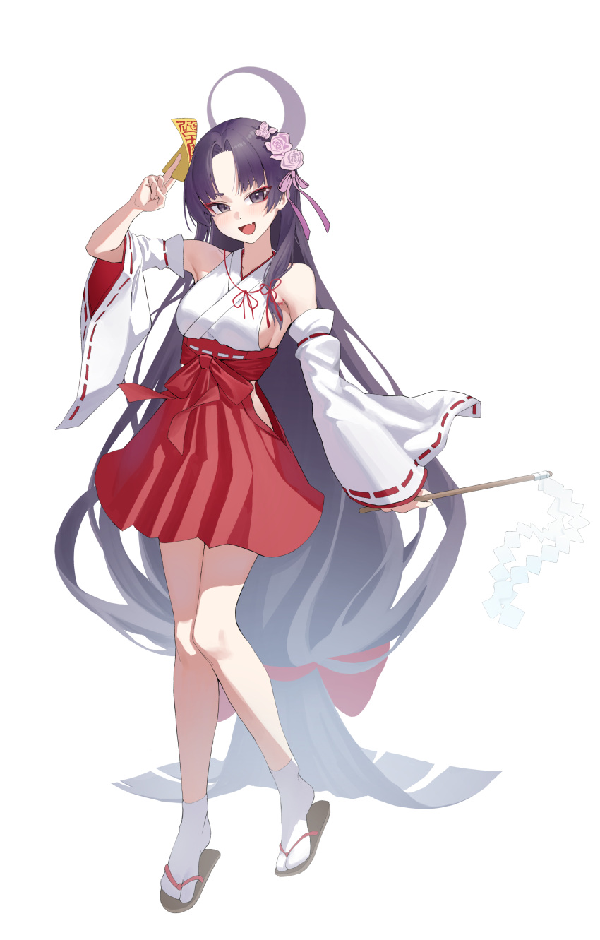1girl absurdres armpits bare_shoulders blue_archive blush breasts detached_sleeves fang full_body hakama halo highres japanese_clothes large_breasts long_hair miko ofuda ood2 open_mouth purple_eyes purple_hair purple_halo red_hakama sideboob simple_background skin_fang smile socks solo white_background white_sleeves white_socks wide_sleeves yukari_(blue_archive)