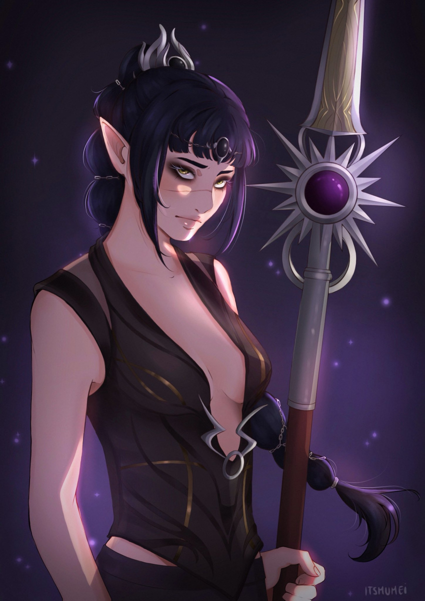 1girl artist_name baldur's_gate baldur's_gate_3 bare_arms black_hair braid braided_ponytail breasts brown_eyes dungeons_and_dragons gem hair_ornament highres holding holding_polearm holding_weapon itsmumei long_hair looking_at_viewer medium_breasts o-ring pointy_ears polearm ponytail purple_background shadowheart_(baldur's_gate) solo upper_body weapon