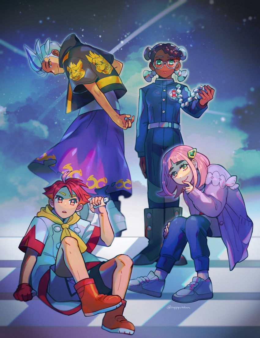 2boys 2girls amarys_(pokemon) arched_bangs black_hair blue_pants braid closed_mouth cloud commentary_request crispin_(pokemon) dark-skinned_female dark_skin drayton_(pokemon) eyelashes glasses happyriekun highres lacey_(pokemon) multicolored_hair multiple_boys multiple_girls night night_sky pants pokemon pokemon_sv purple_hair red_footwear red_hair scarf shoes shooting_star short_hair shorts sitting sky smile stairs standing star_(sky) streaked_hair white_hair yellow_eyes yellow_scarf