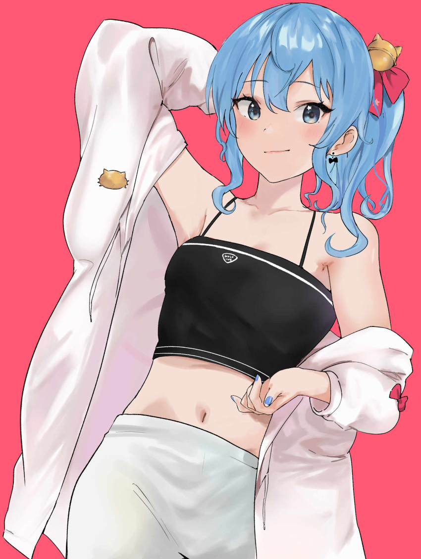 1girl arm_up bell black_camisole blue_eyes blue_hair blue_nails bmyoshikun123 bow bow_earrings breasts camisole closed_mouth collarbone crop_top earrings hair_bell hair_ornament high_side_ponytail highres hololive hoshimachi_suisei jacket jewelry looking_at_viewer midriff navel off_shoulder pants pink_background small_breasts solo stomach virtual_youtuber white_jacket white_pants