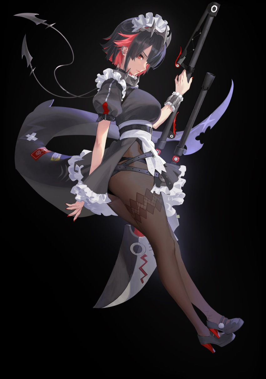1girl black_background black_dress black_hair breasts brown_pantyhose dress earclip ellen_joe fins fish_tail from_side full_body high_heels highres holding_sweater large_breasts maid_headdress multicolored_hair pantyhose pepepp39 puffy_short_sleeves puffy_sleeves red_eyes red_hair red_nails shark_tail short_dress short_hair short_sleeves simple_background solo tail two-tone_hair wrist_cuffs zenless_zone_zero