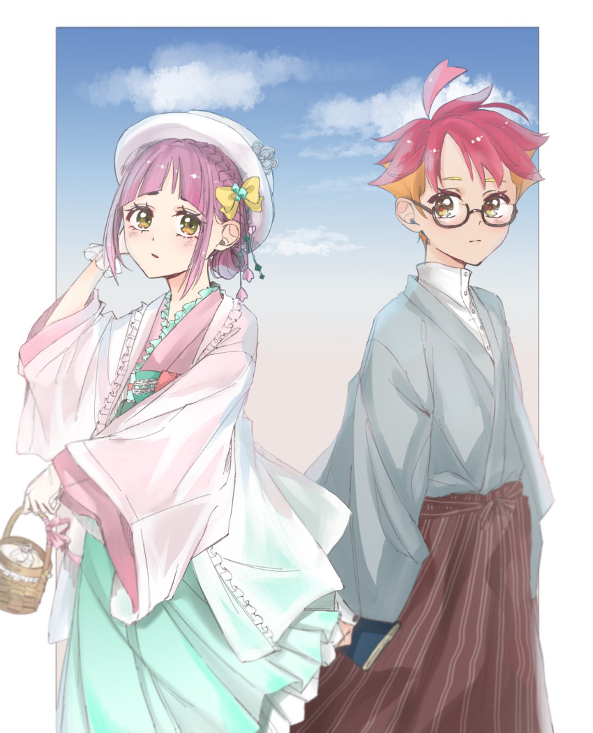 1boy 1girl basket blush book crispin_(pokemon) glasses hair_ornament hakama hakama_skirt hat highres holding holding_basket japanese_clothes kimono lacey_(pokemon) mirumeru multicolored_hair pink_hair pink_kimono pokemon pokemon_sv red_hair ribbon scrunchie shirt short_hair skirt two-tone_hair white_headwear wrist_scrunchie yellow_eyes yellow_ribbon