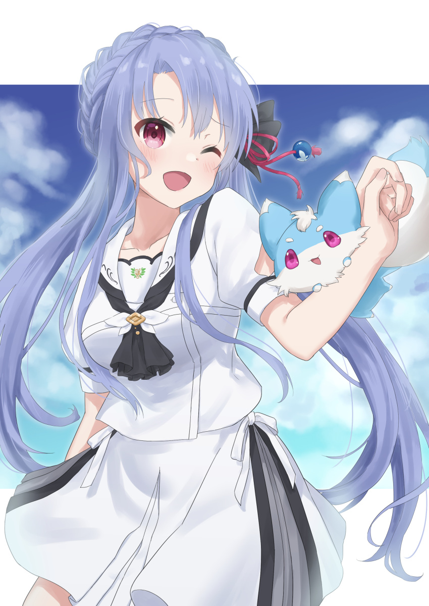 1girl ;d absurdres arm_at_side ascot black_ascot blue_hair blue_sky blush braid commentary cowboy_shot crown_braid fox hair_between_eyes hair_over_shoulder hand_up happy highres inari_(summer_pockets) kirima_(zs_at_) long_hair looking_at_viewer one_eye_closed open_mouth puffy_short_sleeves puffy_sleeves purple_eyes red_eyes sailor_collar school_uniform shirt short_sleeves sidelocks simple_background skirt sky smile solo sorakado_ao summer_pockets very_long_hair white_background white_sailor_collar white_shirt white_skirt