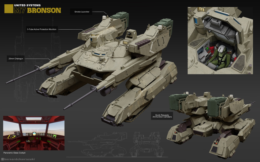 1boy 3d absurdres blender_(medium) cannon character_name cockpit comparison concept_art english_commentary english_text hatch helmet highres machinery mecha military_vehicle motor_vehicle multiple_views original photoshop_(medium) pilot realistic robot science_fiction soldier tank uzuki_(uzukinokaze)