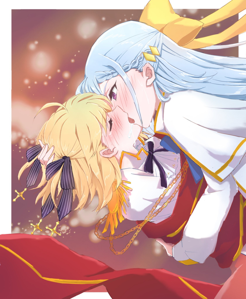 2girls ahoge anisphia_wynn_palettia black_ribbon blonde_hair blue_hair blush border braid capelet carrying carrying_person chain closed_eyes commentary dress english_commentary epaulettes euphyllia_magenta french_braid french_kiss hair_ribbon hand_on_another's_head highres jacket kiss long_hair long_sleeves looking_at_another medium_hair multiple_girls neck_ribbon outside_border purple_eyes qqwan120 red_background ribbon saliva sparkle tensei_oujo_to_tensai_reijou_no_mahou_kakumei white_border white_capelet white_dress white_jacket yellow_ribbon yuri