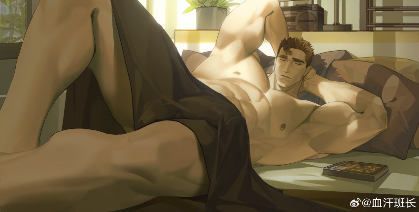 1boy abs absurdres arms_behind_head bara brown_hair feet_out_of_frame foreshortening from_behind highres knee_up large_pectorals looking_at_viewer lying male_focus mature_male muscular muscular_male my_eight navel nipples on_back on_bed original pectorals short_hair solo stomach sunlight thick_eyebrows thighs topless_male