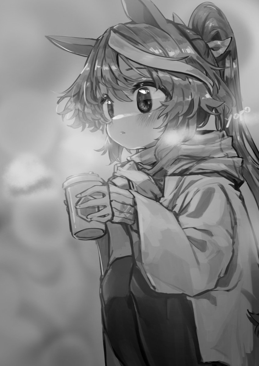 1girl animal_ears blurry blurry_background blush breath coat coffee_cup commentary_request cup depth_of_field disposable_cup feet_out_of_frame feng_feng_(yopokaede) greyscale hair_between_eyes hair_ribbon highres holding holding_cup horse_ears knees_up long_hair long_sleeves monochrome multicolored_hair pantyhose parted_lips ponytail ribbon scarf sleeves_past_wrists solo squatting streaked_hair tokai_teio_(umamusume) umamusume very_long_hair wide_sleeves