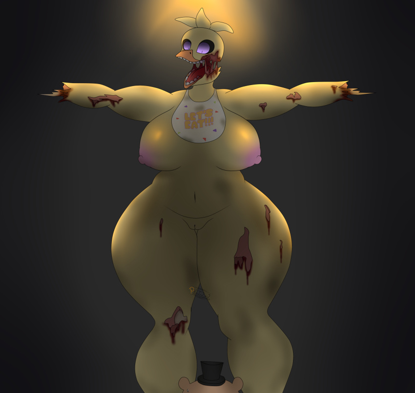 anthro avian big_breasts big_butt bird blood bodily_fluids bone breasts butt chicken duo female five_nights_at_freddy's five_nights_at_freddy's_2 galliform gallus_(genus) hi_res nipples nude phasianid photolol.03 purple_eyes scottgames solo teeth thick_thighs wide_hips withered_chica_(fnaf) wounded