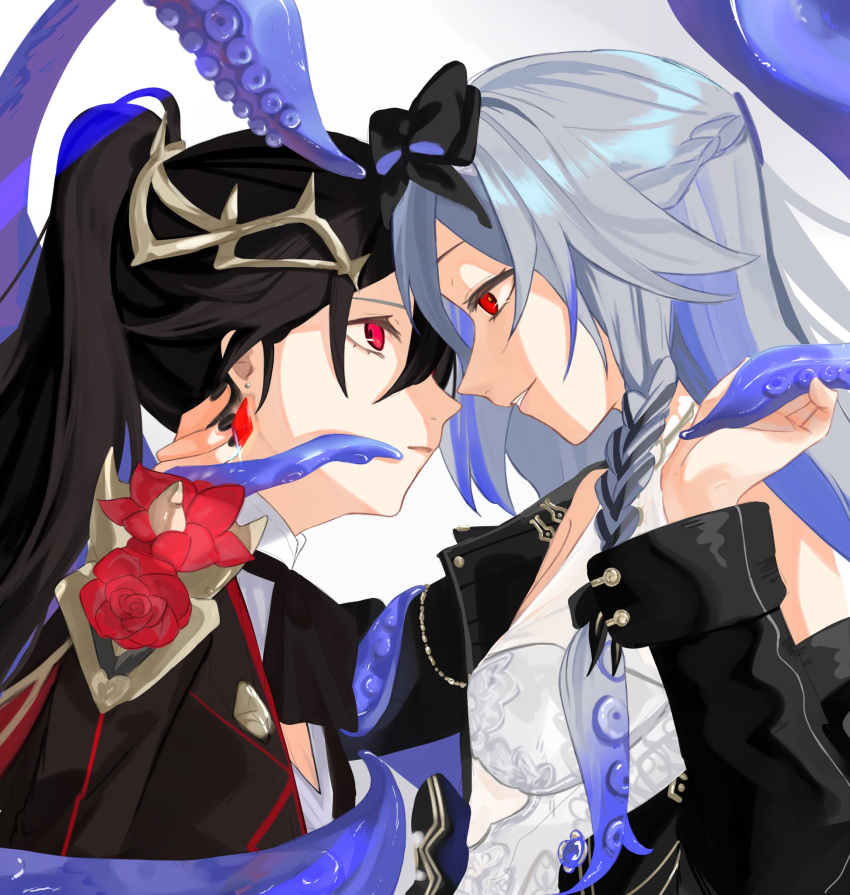 black_hair black_sleeves braid breasts closed_mouth dual_persona earrings flower fu_hua fu_hua_(blood_voivode) fu_hua_(herrscher_of_sentience) fu_hua_(shadow_knight) fu_hua_(turn_up_the_music!)_(herrscher_of_sentience) grey_hair high_ponytail highres honkai_(series) honkai_impact_3rd jewelry long_hair long_sleeves looking_at_another multiple_girls official_alternate_costume red_eyes red_flower red_rose rose sho_2nini simple_background small_breasts smile tentacles upper_body white_background