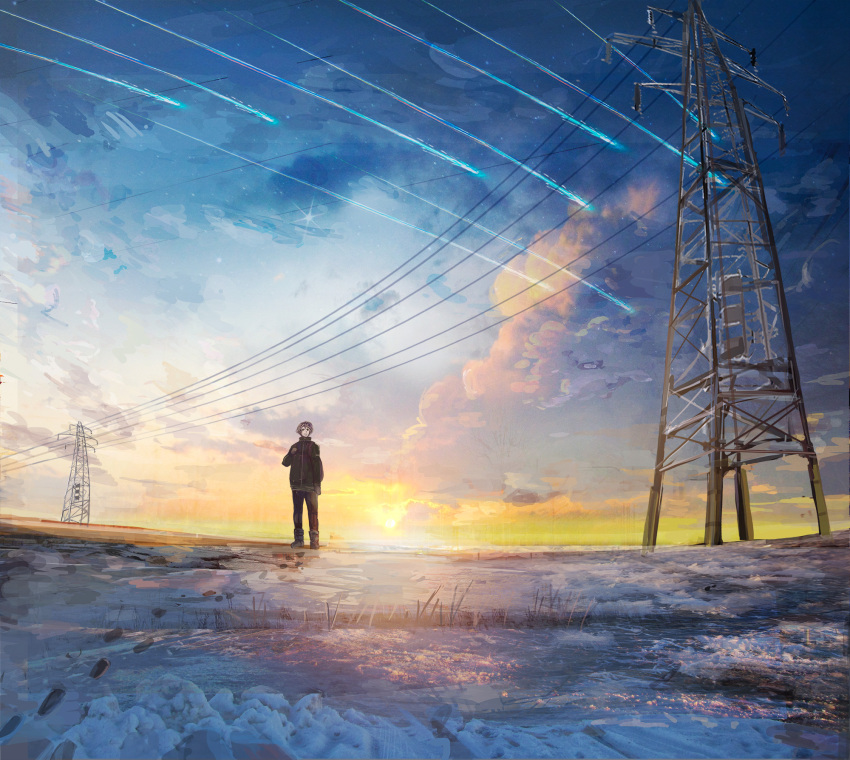 1boy cloud cloudy_sky highres horizon ice meteor_shower original outdoors power_lines scenery shooting_star sky solo star_(sky) sun sunlight sunset wide_shot yamaneko8686 yellow_sky