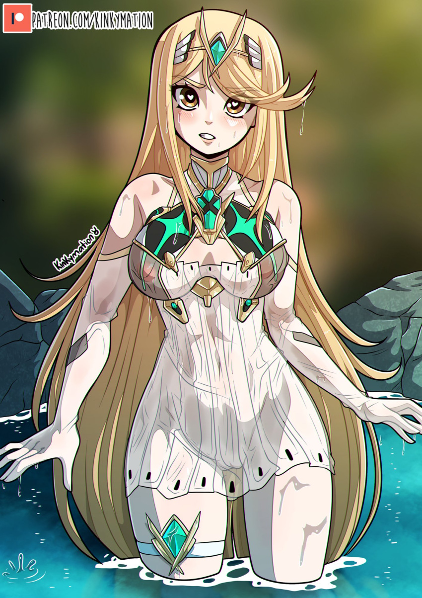 1girl artist_name bare_shoulders blonde_hair blurry blurry_background blush breasts cleavage_cutout clothing_cutout covered_navel covered_nipples covered_pussy dress elbow_gloves english_commentary gloves headpiece heart heart_in_eye highres kinkymation large_breasts long_hair looking_at_viewer microdress mythra_(xenoblade) pantyhose partially_submerged patreon_username pussy rock see-through solo standing swept_bangs symbol_in_eye thigh_strap very_long_hair wading water water_drop wet wet_clothes wet_dress wet_hair white_dress white_gloves white_pantyhose xenoblade_chronicles_(series) xenoblade_chronicles_2 yellow_eyes