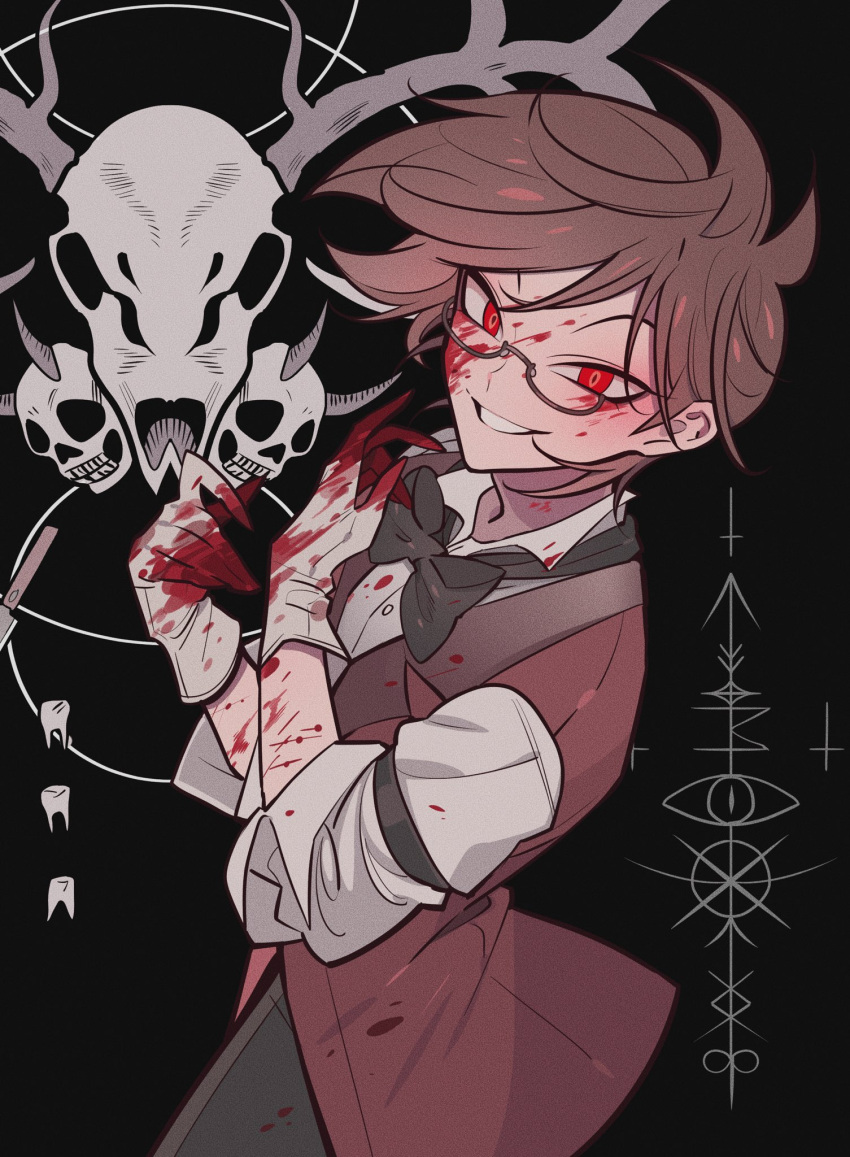 1boy alastor_(hazbin_hotel) antlers black_background black_bow black_bowtie black_pants blood blood_on_clothes blood_on_face blood_on_hands blood_splatter bow bowtie brown_hair collared_shirt cowboy_shot deer_antlers deer_skull film_grain gloves grin hazbin_hotel highres horns humanization jacket long_sleeves looking_at_viewer male_focus meremero pants red_eyes red_jacket red_vest shirt short_hair simple_background skull smile solo teeth traditional_bowtie vest white_gloves white_shirt