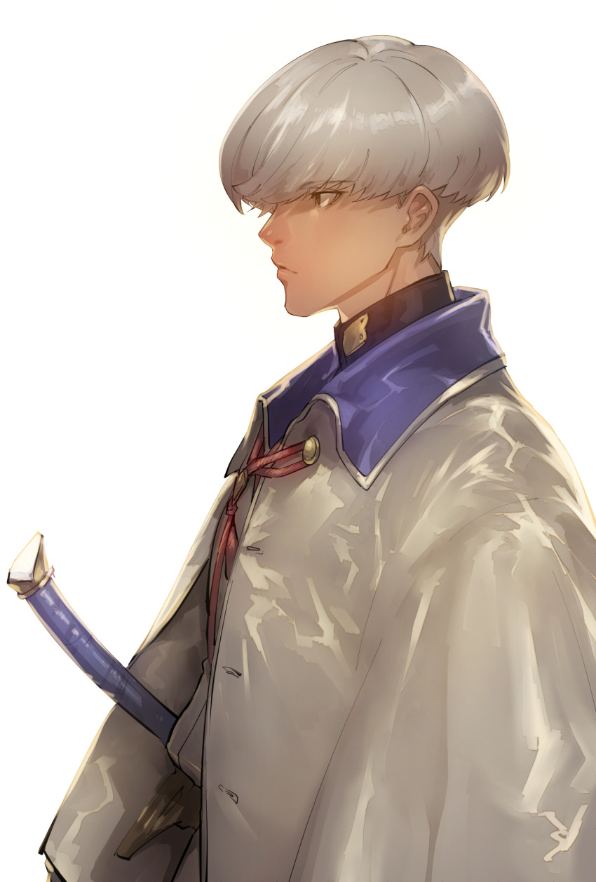 1boy black_shirt bowl_cut brown_eyes closed_mouth collared_jacket fate/grand_order fate_(series) highres jacket kin_mokusei looking_afar male_focus profile shirt short_hair simple_background solo sword turtleneck turtleneck_shirt upper_body watanabe_no_tsuna_(fate) weapon white_background white_jacket
