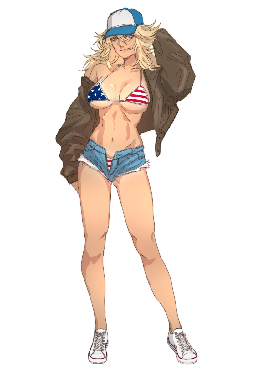 1girl absurdres american_flag_bikini argent_moon bare_legs bikini blonde_hair blue_eyes brown_jacket converse denim denim_shorts flag_print highres jacket long_hair looking_at_viewer original shoes short_shorts shorts simple_background smile sneakers solo swimsuit white_background