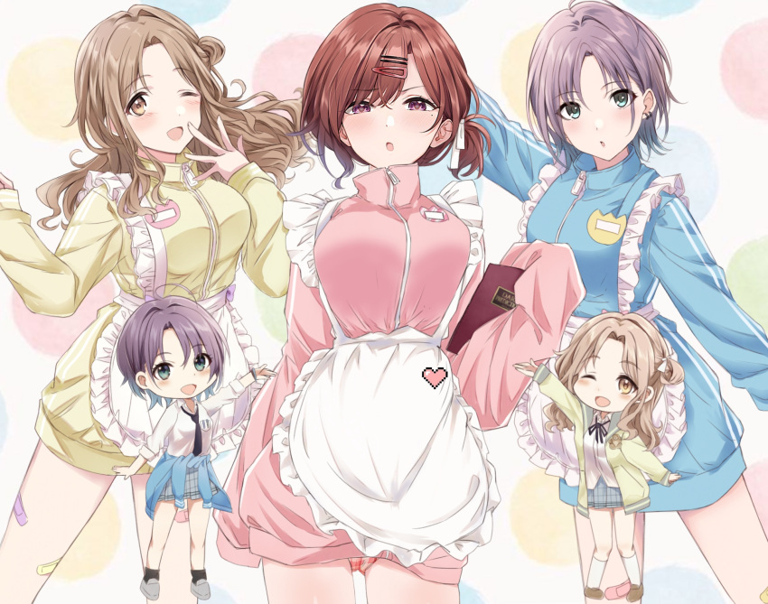 3girls :o ;d apron asakura_toru bandaid bandaid_on_leg blush breasts chibi chibi_inset gangshangguang_(smjy5842) hair_bun highres higuchi_madoka ichikawa_hinana idolmaster idolmaster_shiny_colors jacket jersey_maid looking_at_viewer looking_back maid medium_breasts multiple_girls name_tag no_pants one_eye_closed oversized_clothes panties panty_peek school_uniform short_hair short_ponytail side_ponytail single_side_bun smile track_jacket unconventional_maid underwear white_apron zipper_pull_tab