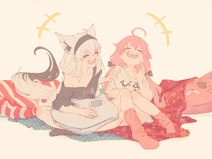 2girls absurdres ahoge animal_ear_fluff animal_ears black_hairband black_shirt black_socks breasts cleavage closed_eyes double-parted_bangs fox_ears fox_girl fox_tail hairband hand_on_another's_arm highres hololive hyde_(tabakko) indian_style laughing legs long_hair low_ponytail low_twintails multiple_girls nejima_kitsune_(shirakami_fubuki) official_alternate_costume on_floor open_mouth pentagram pillow pink_hair pink_socks sakura_miko shirakami_fubuki shirakami_fubuki_(7th_costume) shirt sitting smile socks tail tearing_up teeth text_print twintails upper_teeth_only virtual_youtuber white_hair