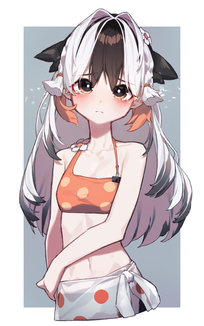 1girl absurdres animal_ears arknights beudelb bikini bird_ears bird_girl black_hair blush breasts closed_mouth extra_ears flower frown hair_flower hair_intakes hair_ornament highres long_hair looking_at_viewer multicolored_hair orange_bikini polka_dot polka_dot_bikini red_eyes small_breasts snowsant_(arknights) solo swimsuit tears two-tone_hair white_hair