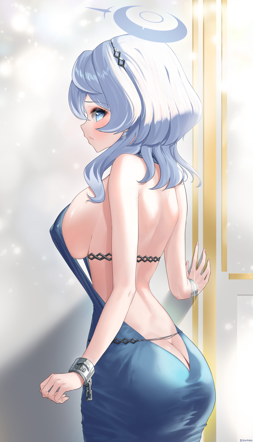 absurdres ako_(blue_archive) ako_(dress)_(blue_archive) ass back backless_dress backless_outfit bangle blue_archive blue_dress blue_hair blue_halo bracelet breasts butt_crack commentary_request covered_nipples cuffs dress elsynien hairband halo handcuffs highres jewelry large_breasts looking_at_viewer official_alternate_costume partial_commentary shackles sideboob sideless_dress sideless_outfit sleeveless sleeveless_dress strap_gap