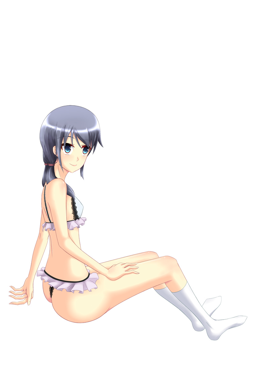 1girl artist_request ass bare_shoulders blue_eyes blue_hair bra breasts corpse_party knee_socks long_hair looking_at_viewer low_twintails panties shinozaki_ayumi shiny shiny_hair shiny_skin sideboob sitting smile socks solo thong twintails underwear