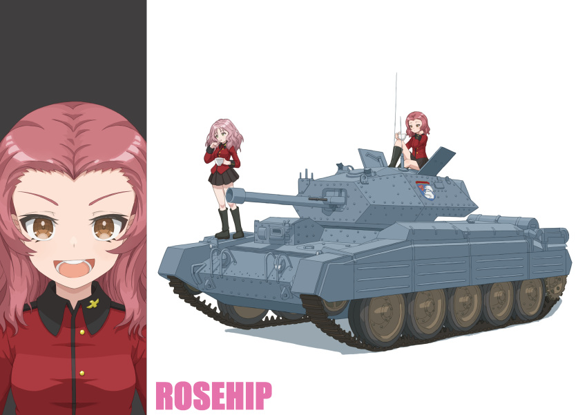 2girls absurdres black_footwear black_skirt boots brown_eyes character_name commentary crusader_(tank) cup emblem finger_to_mouth girls_und_panzer hand_in_own_hair highres holding holding_cup jacket knee_boots long_hair long_sleeves looking_at_viewer military_uniform military_vehicle miniskirt motor_vehicle multiple_girls open_mouth peach_(girls_und_panzer) pink_hair pleated_skirt qgkmn541 red_hair red_jacket rosehip_(girls_und_panzer) sitting skirt smile st._gloriana's_(emblem) st._gloriana's_military_uniform standing tank teacup uniform wavy_hair white_background