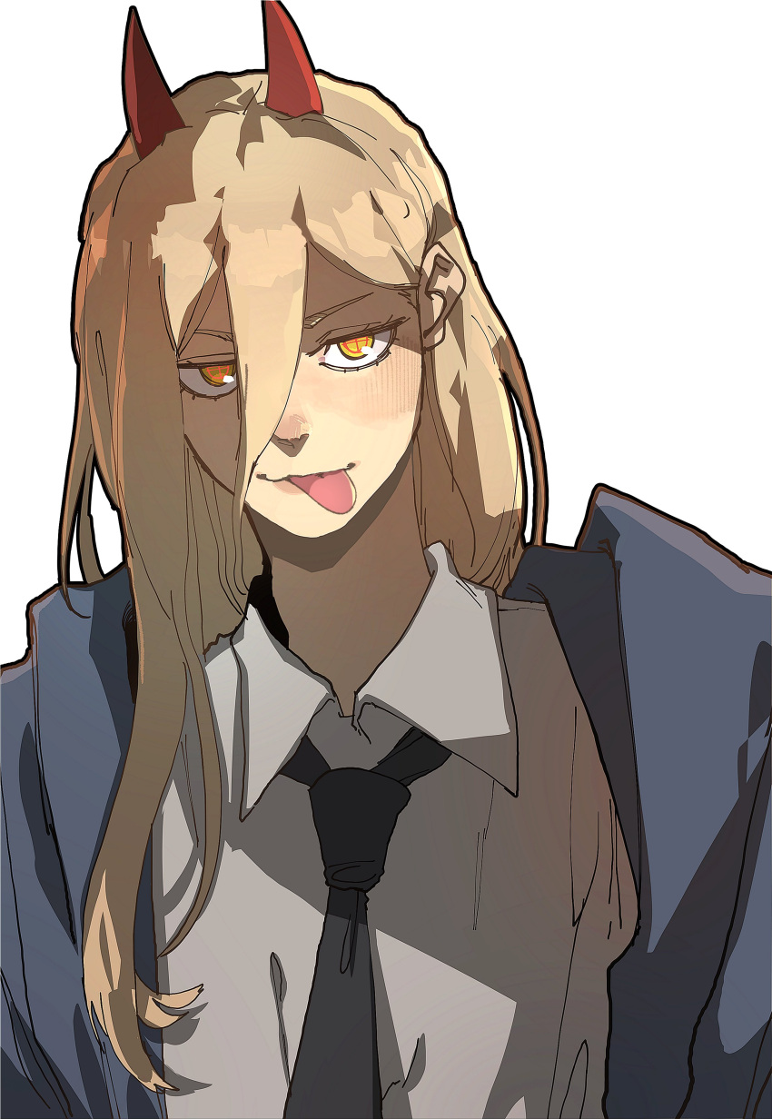 1girl absurdres black_necktie black_outline blonde_hair blue_jacket blush chainsaw_man closed_mouth collared_shirt cross-shaped_pupils demon_girl demon_horns double-parted_bangs eyelashes hair_behind_ear hair_between_eyes head_tilt highres horns isaacchief300 jacket jpeg_artifacts long_hair looking_at_viewer necktie outline power_(chainsaw_man) red_horns shirt simple_background solo straight-on symbol-shaped_pupils tongue tongue_out upper_body white_background white_shirt yellow_eyes