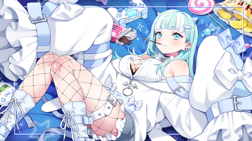 1girl :3 absurdres aqua_hair bandaid bandaid_hair_ornament bare_shoulders blue_eyes blunt_bangs blush breasts button_gap chips_(food) cleavage commentary_request cross-laced_footwear ear_bar ear_piercing fishnet_pantyhose fishnets food food_in_mouth hair_ornament highres jacket knees_together_feet_apart knees_up kunikune large_breasts long_hair long_sleeves looking_at_viewer lying melonyx multicolored_hair on_back pantyhose piercing playstation_controller pocky pocky_in_mouth potato_chips puffy_long_sleeves puffy_sleeves shirt skirt sleeves_past_fingers sleeves_past_wrists solo streaked_hair thigh_strap vaswawa virtual_youtuber white_footwear white_hair white_jacket white_shirt white_skirt x_hair_ornament