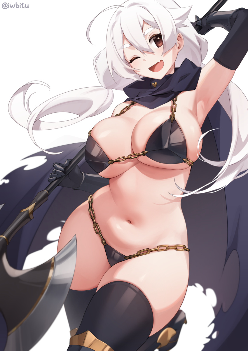 1girl ahoge armor armored_boots axe bare_shoulders battle_axe bikini_armor black_armor black_cape black_gloves black_thighhighs blush boots breasts brown_eyes cape chain cleavage elbow_gloves gauntlets gloves highres iwbitu large_breasts long_hair looking_at_viewer navel nyopu one_eye_closed open_mouth original smile solo thighhighs thighs weapon white_hair