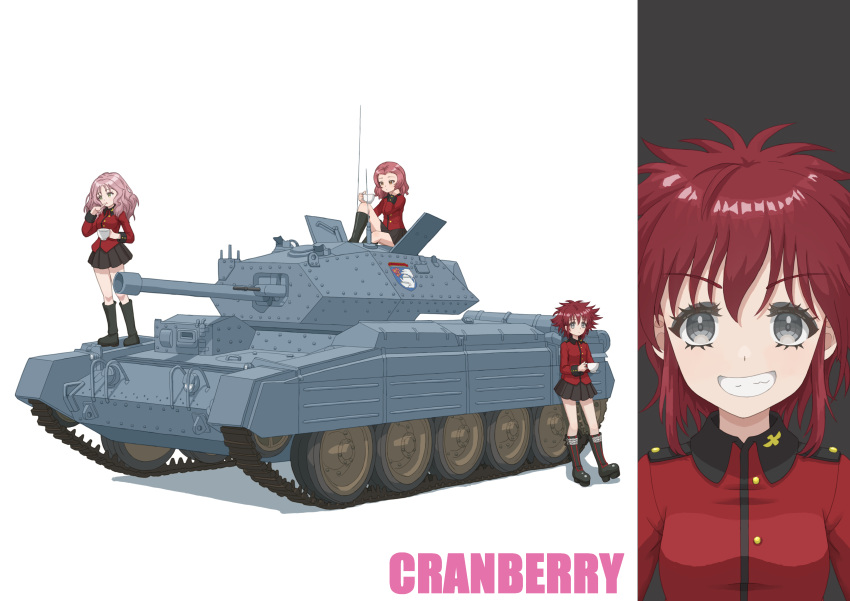 3girls absurdres against_vehicle black_footwear black_skirt boots brown_eyes character_name commentary cranberry_(girls_und_panzer) crusader_(tank) cup emblem finger_to_mouth girls_und_panzer grey_eyes grin hand_in_own_hair highres holding holding_cup jacket knee_boots knee_up leaning_back long_hair long_sleeves looking_at_viewer makeup mascara military_uniform military_vehicle miniskirt motor_vehicle multiple_girls peach_(girls_und_panzer) pink_hair pleated_skirt qgkmn541 red_hair red_jacket rosehip_(girls_und_panzer) sitting skirt smile st._gloriana's_(emblem) st._gloriana's_military_uniform standing studded_footwear tank teacup uniform wavy_hair white_background