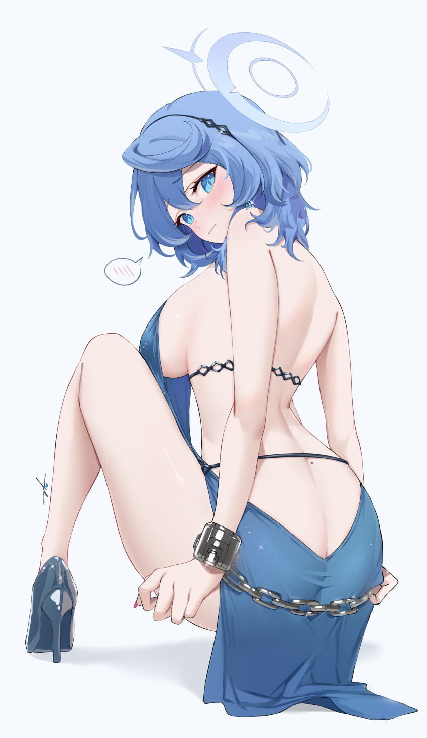 1girl absurdres ako_(blue_archive) ako_(dress)_(blue_archive) ass backless_dress backless_outfit bare_arms bare_back bare_shoulders blue_archive blue_dress blue_eyes blue_footwear blue_hair blush breasts butt_crack chain cuffs dress feint721 halo head_tilt high_heels highres knee_up large_breasts looking_at_viewer official_alternate_costume revision shackles shadow sideboob sleeveless sleeveless_dress solo thighs