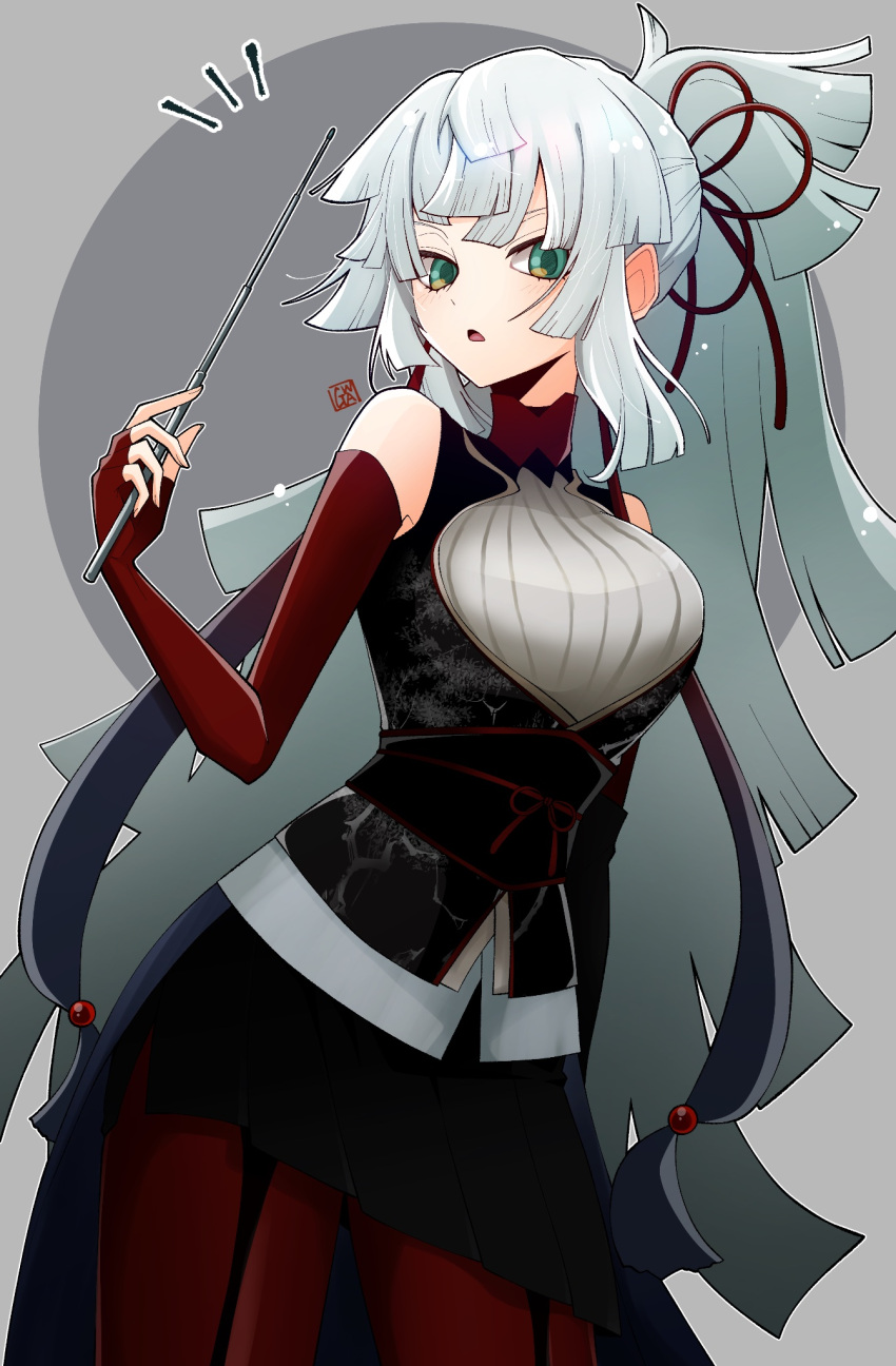 1girl bare_shoulders black_skirt commentary_request elbow_gloves fate/grand_order fate/samurai_remnant fate_(series) fingerless_gloves gloves green_eyes grey_background hair_ribbon highres holding holding_pointer long_hair looking_at_viewer official_alternate_costume pantyhose pleated_skirt pointer ponytail red_gloves red_pantyhose red_ribbon ribbon skirt solo straight_hair very_long_hair wagu_neru white_hair yui_shousetsu_(fate) yui_shousetsu_(third_ascension)_(fate)