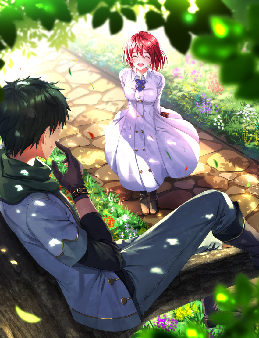 1girl :d ^_^ akagami_no_shirayukihime arms_behind_back black_hair blue_jacket blue_pants blush book boots breasts buttons closed_eyes cobblestone dappled_sunlight dress gloves grass highres in_tree jacket long_hair long_sleeves looking_at_another medium_breasts obi_(akagami_no_shirayukihime) open_mouth outdoors pants path red_hair road scratching_cheek shirayuki_(akagami_no_shirayukihime) short_hair short_over_long_sleeves short_sleeves sitting sitting_in_tree smile standing sunlight sweatdrop swordsouls tree wing_collar