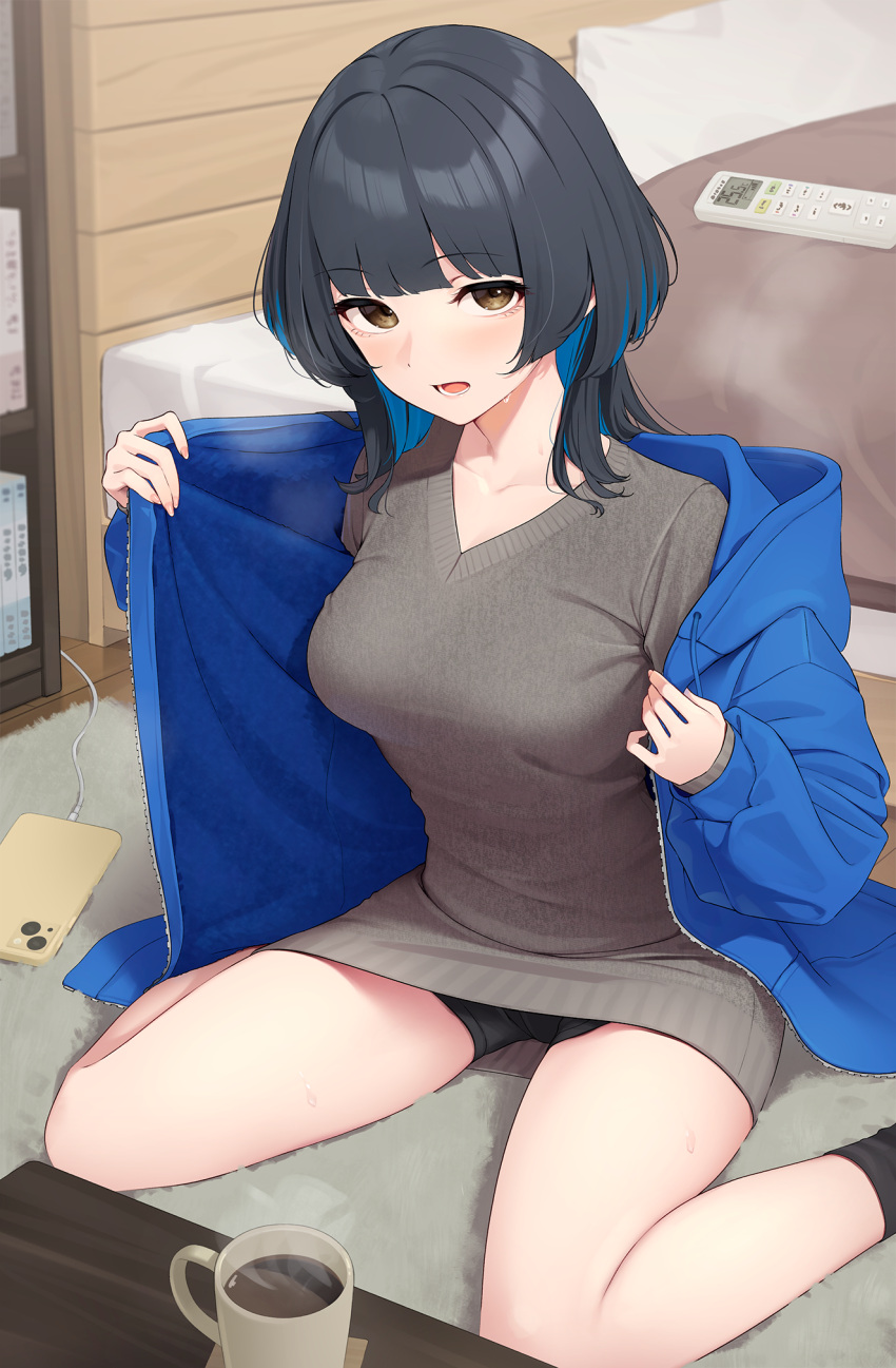 1girl black_hair blue_hair blue_jacket breasts brown_eyes cellphone coffee colored_inner_hair controller cup grey_shirt highres jacket kanpa_(campagne_9) large_breasts long_sleeves looking_at_viewer multicolored_hair open_clothes open_jacket open_mouth original phone remote_control shirt short_hair smartphone solo