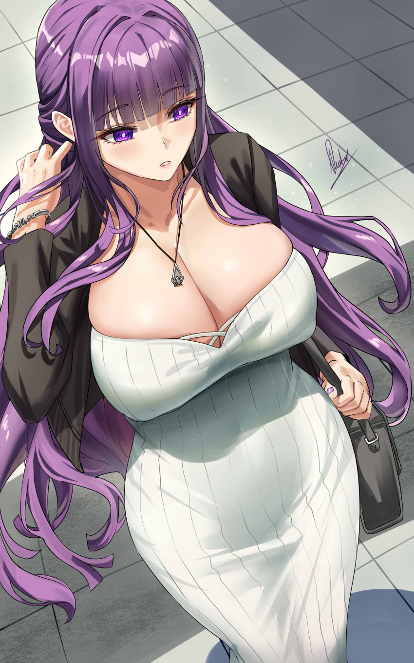 1girl absurdres alternate_costume black_bag black_jacket blunt_bangs blush bracelet breasts cleavage commentary dress english_commentary fern_(sousou_no_frieren) hand_up highres jacket jewelry large_breasts long_hair long_sleeves nail_polish necklace parted_lips piukute062 purple_eyes purple_hair purple_nails signature solo sousou_no_frieren white_dress