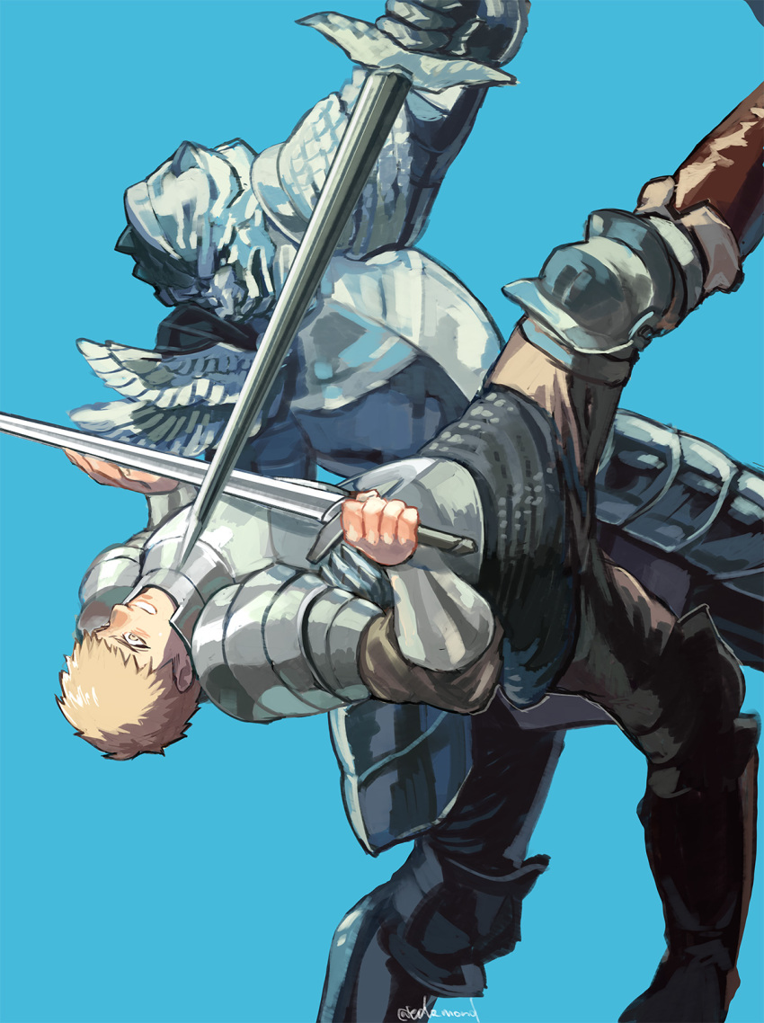 1boy 1other armor blonde_hair blue_background boots breastplate brown_footwear commentary dungeon_meshi edo_mond_(edoedoedomond) fighting full_armor gauntlets greaves helmet highres holding holding_sword holding_weapon laios_thorden living_armor_(dungeon_meshi) short_hair shoulder_armor simple_background sword weapon yellow_eyes