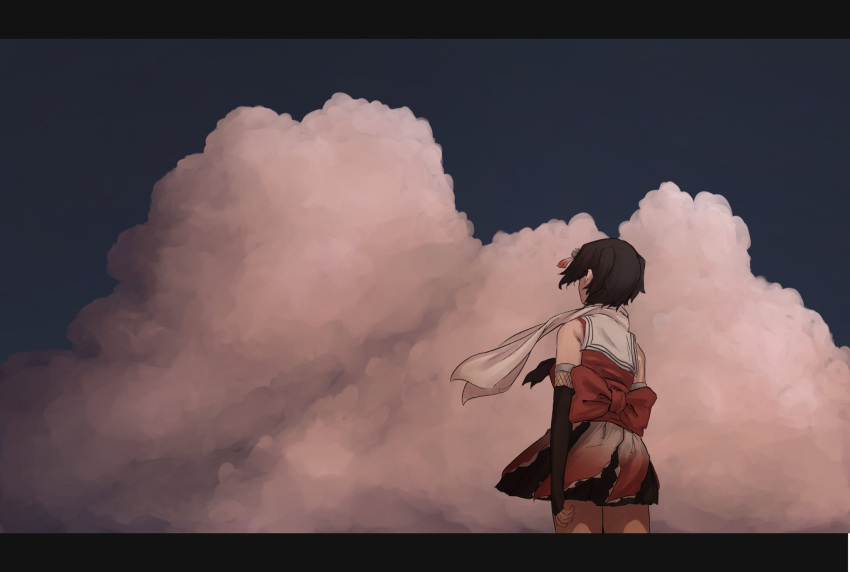 1girl black_gloves black_hair black_neckerchief black_skirt blue_sky cloud cowboy_shot elbow_gloves fingerless_gloves from_behind gloves hair_ornament highres ikadamo kantai_collection neckerchief orange_shirt pleated_skirt sailor_collar school_uniform sendai_(kancolle) sendai_kai_ni_(kancolle) serafuku shirt short_hair skirt sky sleeveless sleeveless_shirt solo two_side_up white_sailor_collar white_skirt