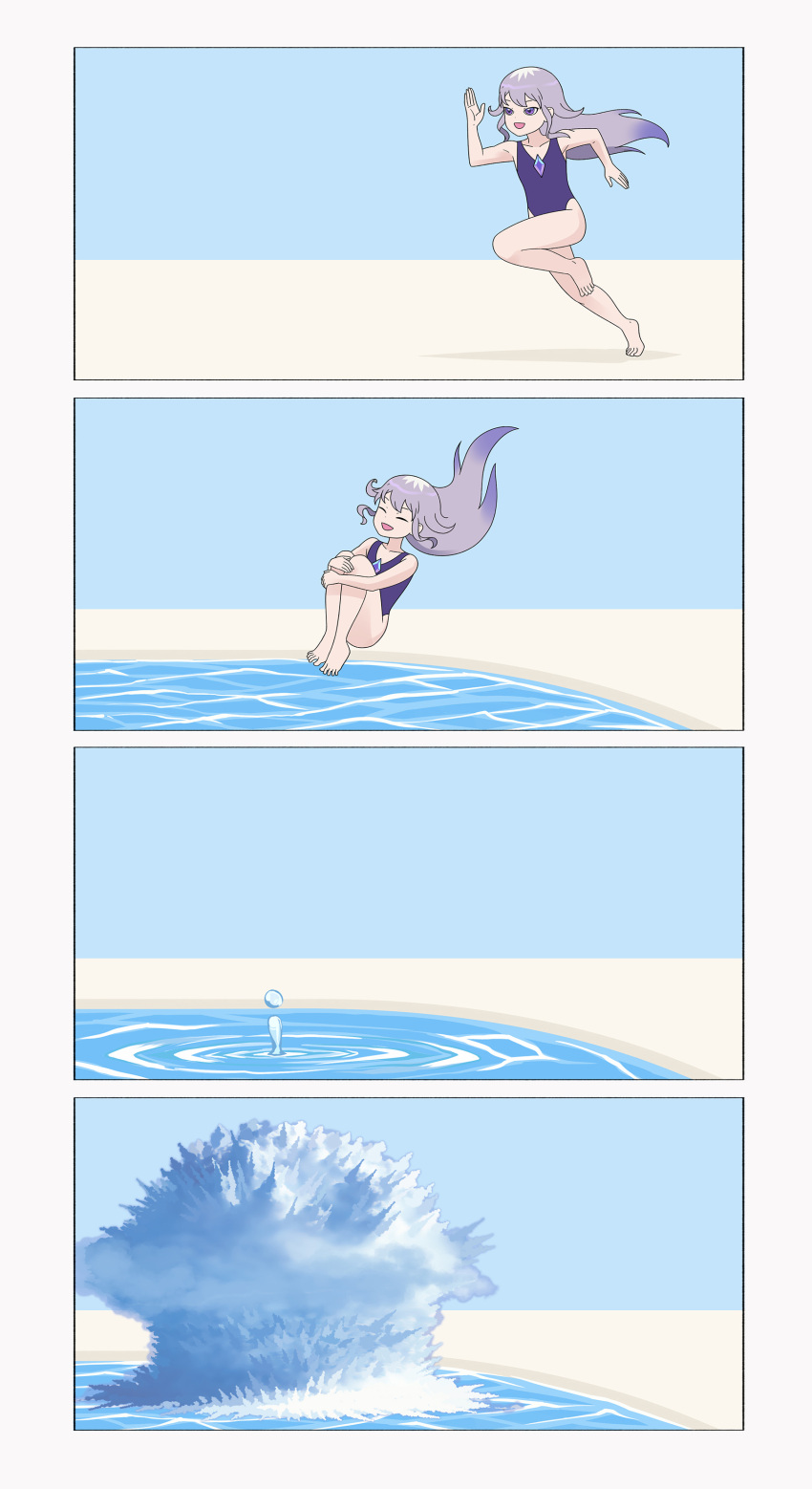 absurdres alternate_costume beach drawingdeebop highres hololive hololive_english koseki_bijou long_hair no_shoes one-piece_swimsuit running school_swimsuit splashing swimsuit virtual_youtuber water white_hair