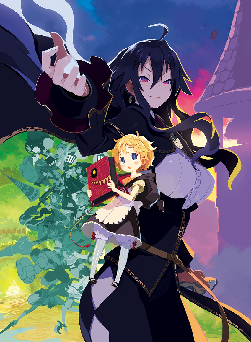 :o absurdres ahoge aster_knight black_hair blonde_hair blue_eyes book child demon_reaper dronia gothic_coppelia harada_takehito highres holding luca_(coven) mad_raptor marginal_maze mary_janes multiple_girls open_mouth outstretched_arm peer_fortress red_eyes refrain_no_chika_meikyuu_to_majo_no_ryodan shinobushi shoes short_hair short_sleeves skirt smile striped striped_legwear theatrical_star vertical-striped_legwear vertical_stripes youro_rekitei