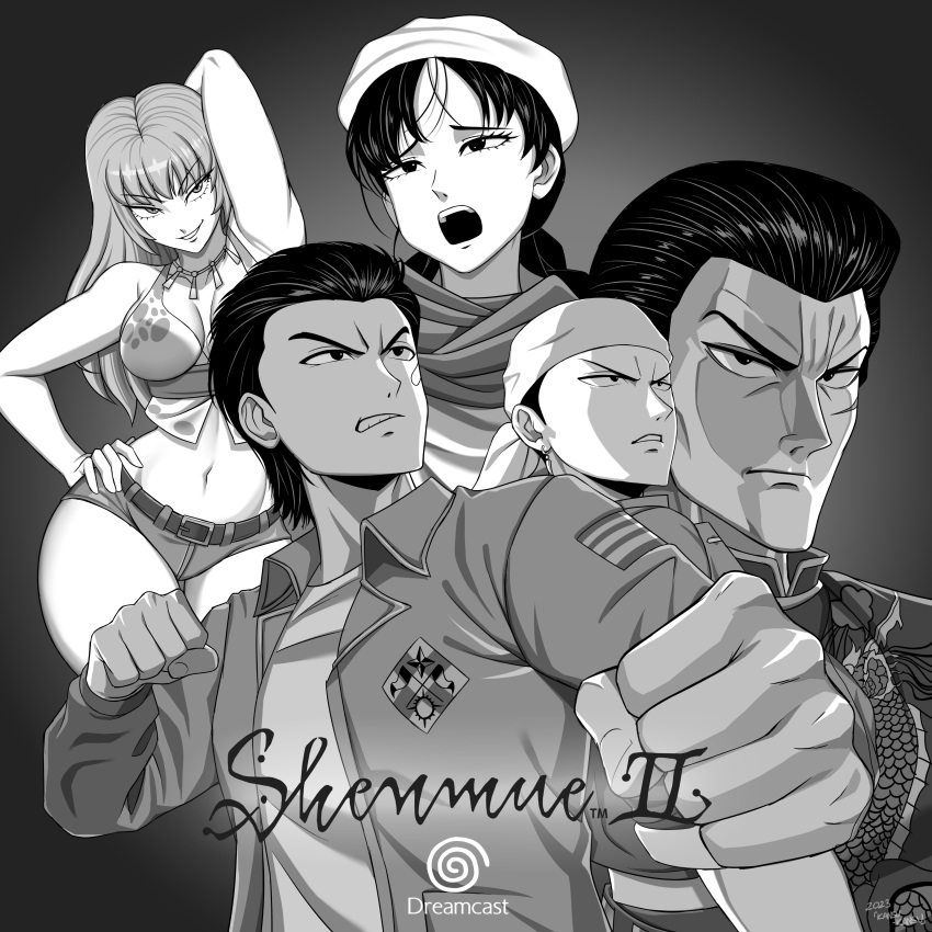 2girls 3boys absurdres angry arm_above_head bandage_on_face bandages bandana belt breasts chinese_clothes clenched_hands collared_jacket denim denim_shorts fighting game_console greyscale hair_slicked_back hand_on_own_hip hat hazuki_ryou highres jacket joy_(shenmue) kansu-kansu lan_di large_breasts ling_shen_hua logo long_hair midriff monochrome multiple_boys multiple_girls open_mouth patch ren_wu_ying scarf sega_dreamcast shenmue shenmue_ii shirt shorts shoulder_patch simple_background t-shirt thighs very_long_hair white_bandana