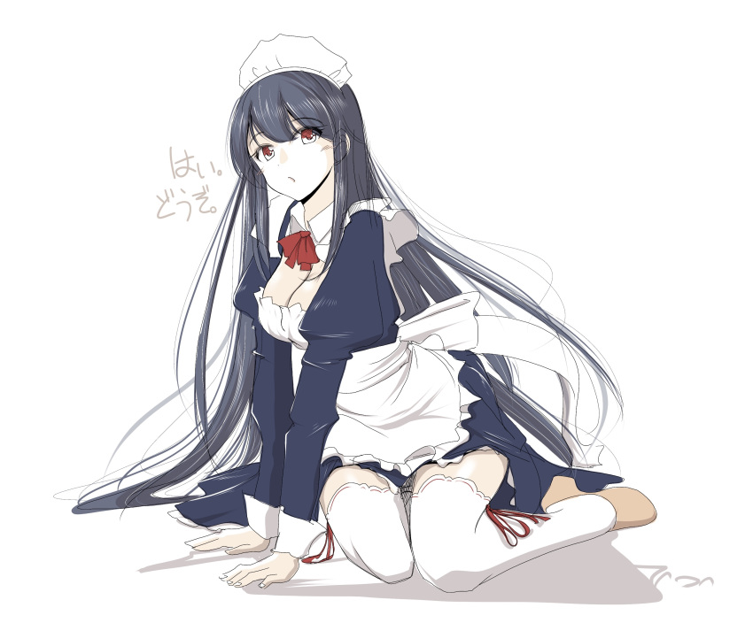 1girl absurdres alternate_costume apron black_hair breasts cleavage commentary_request fusou_(kancolle) highres kantai_collection kneeling large_breasts long_hair looking_at_viewer maid maid_apron maid_headdress open_mouth red_eyes red_ribbon ribbon shoes solo tada_(tactical_tada) thighhighs white_thighhighs