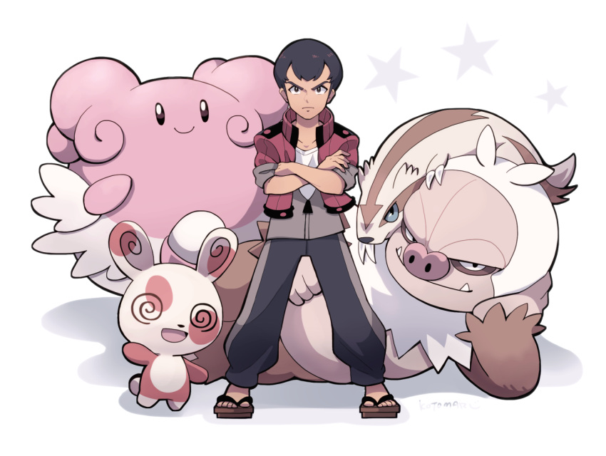 1boy black_eyes black_hair black_pants blissey bright_pupils closed_mouth collarbone crossed_arms fangs full_body grey_eyes grey_jacket jacket kotorai legs_apart linoone looking_at_viewer male_focus norman_(pokemon) nostrils open_mouth pants pokemon pokemon_(creature) pokemon_oras red_jacket sandals shadow shirt short_hair slaking sleeves_rolled_up smile spinda standing star_(symbol) waving white_background white_pupils white_shirt