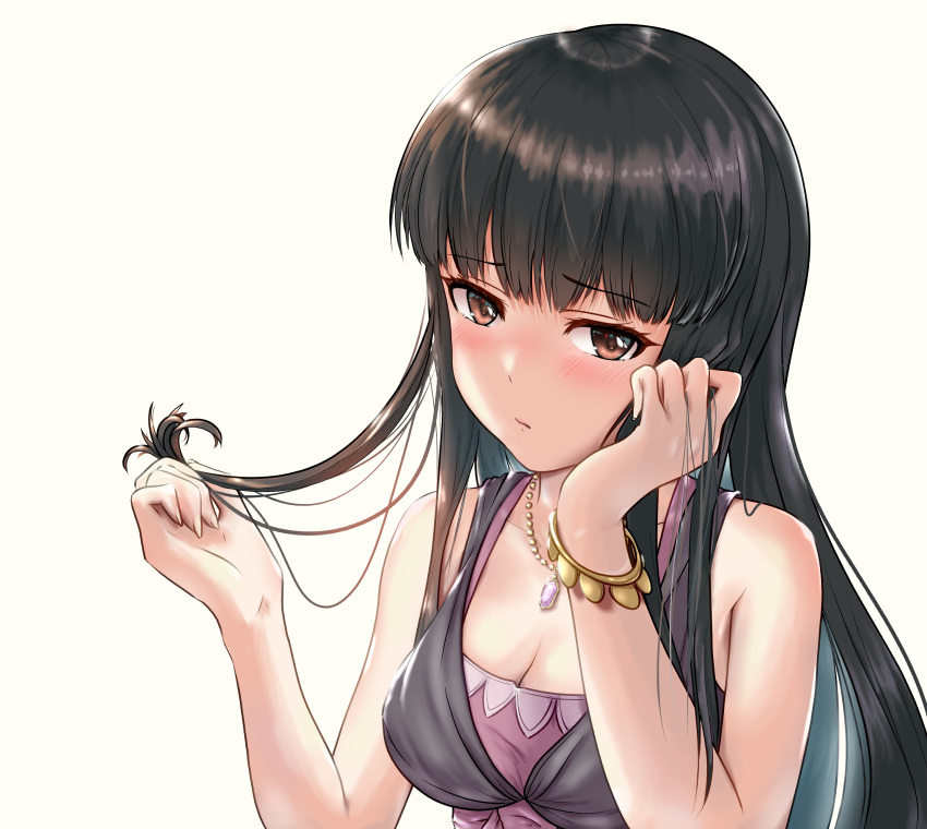 1girl absurdres acelroiutdh bare_shoulders black_dress black_hair blunt_bangs blush bracelet breasts brown_eyes cleavage closed_mouth dress furrowed_brow highres idolmaster idolmaster_cinderella_girls jewelry kurokawa_chiaki long_hair looking_at_viewer medium_breasts necklace pink_dress playing_with_own_hair sleeveless sleeveless_dress solo upper_body white_background