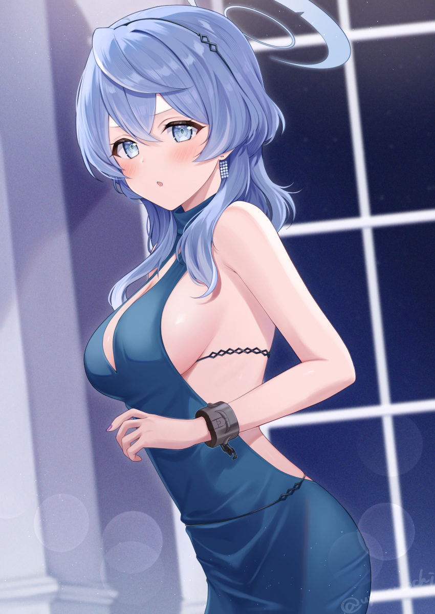 1girl ako_(blue_archive) ako_(dress)_(blue_archive) backless_dress backless_outfit black_hairband blue_archive blue_dress blue_eyes blue_hair blue_halo blush breasts dress earrings hair_between_eyes hairband halo highres jewelry large_breasts long_hair looking_at_viewer mochiko_(uyu_omochi) official_alternate_costume parted_lips sideboob sleeveless sleeveless_dress solo twitter_username