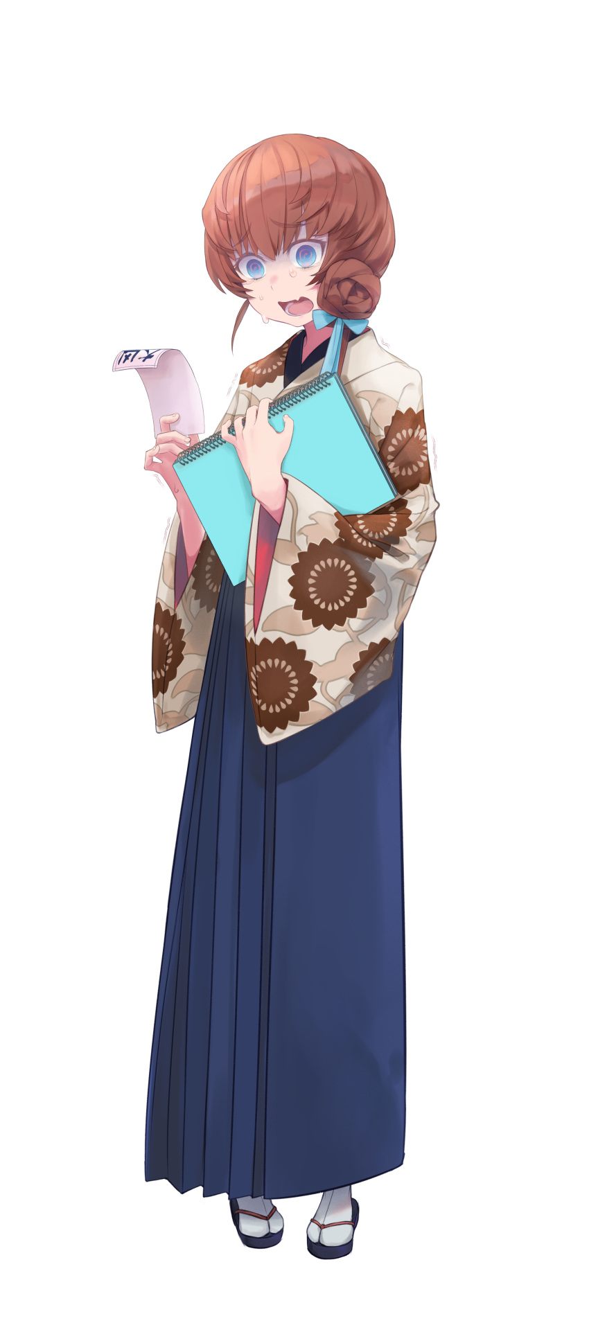 1girl @_@ absurdres blue_eyes blue_hakama brown_hair daisi_gi fate/grand_order fate_(series) floral_print_kimono full_body hair_bun hakama hakama_skirt highres holding holding_sketchbook japanese_clothes kimono omikuji sketchbook skirt sweat tearing_up van_gogh_(fate) white_background