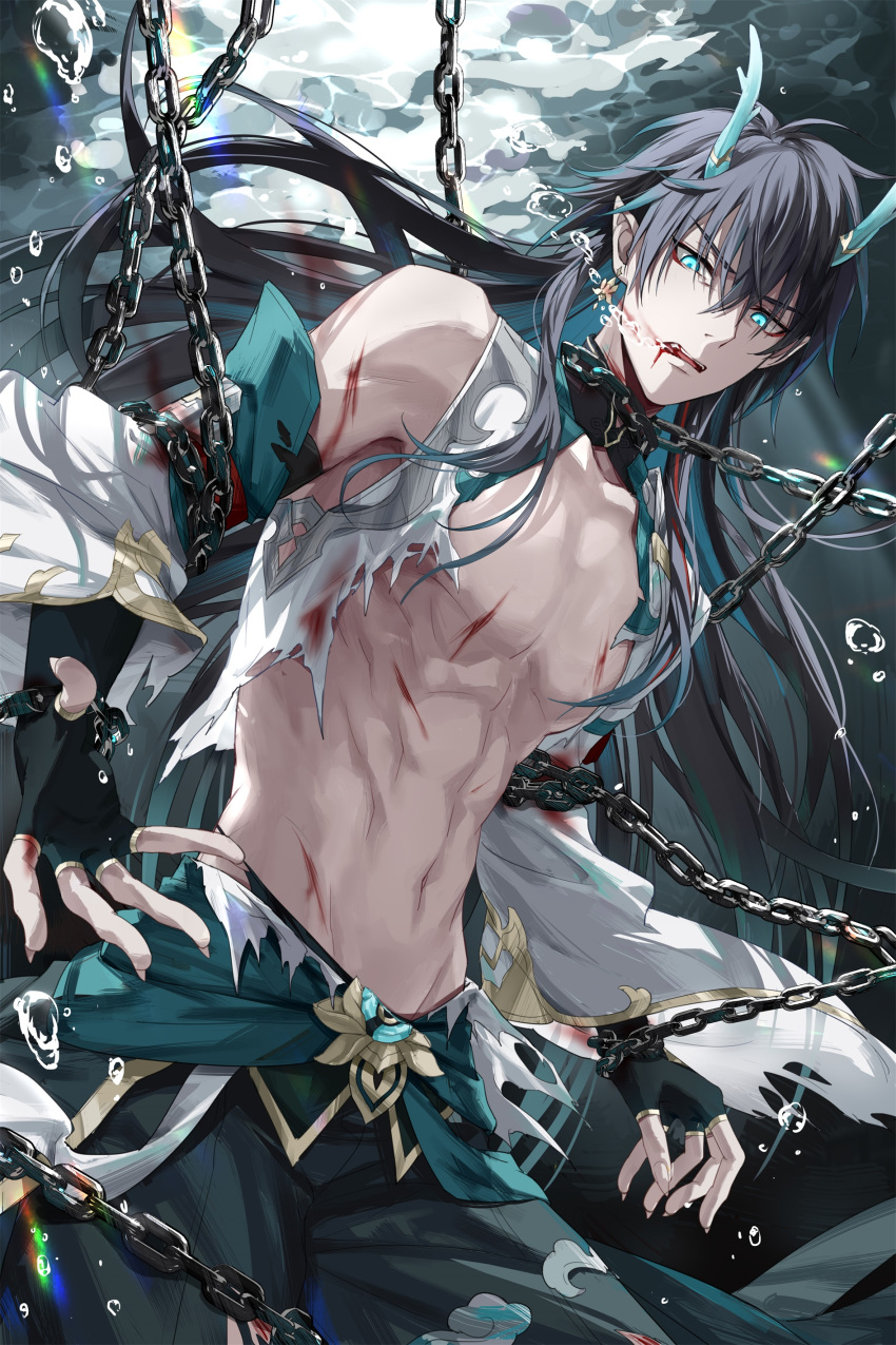 1boy abs absurdres air_bubble bishounen black_hair blood blood_from_mouth blue_eyes bubble chain chained cuts dan_heng_(honkai:_star_rail) devil_heavens dragon_boy dragon_horns earrings fingerless_gloves gloves glowing glowing_eyes hair_between_eyes highres honkai:_star_rail honkai_(series) horns injury jewelry long_hair looking_at_viewer male_focus navel pointy_ears reaching reaching_towards_viewer solo toned toned_male torn_clothes underwater upper_body