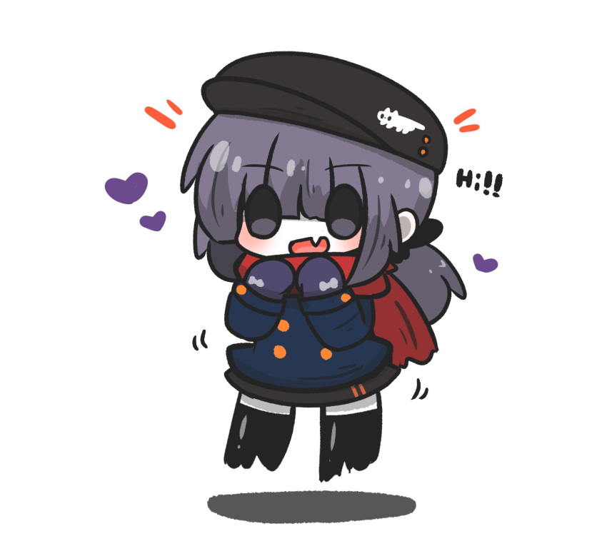 1girl black_headwear black_skirt black_thighhighs blue_jacket blush cabbie_hat chibi commentary_request dissolving english_text fang full_body hair_between_eyes hat heart highres jacket long_hair mittens notice_lines original pale_skin purple_eyes purple_hair purple_mittens red_scarf scarf shadow simple_background skirt solo thighhighs uni_souchou white_background