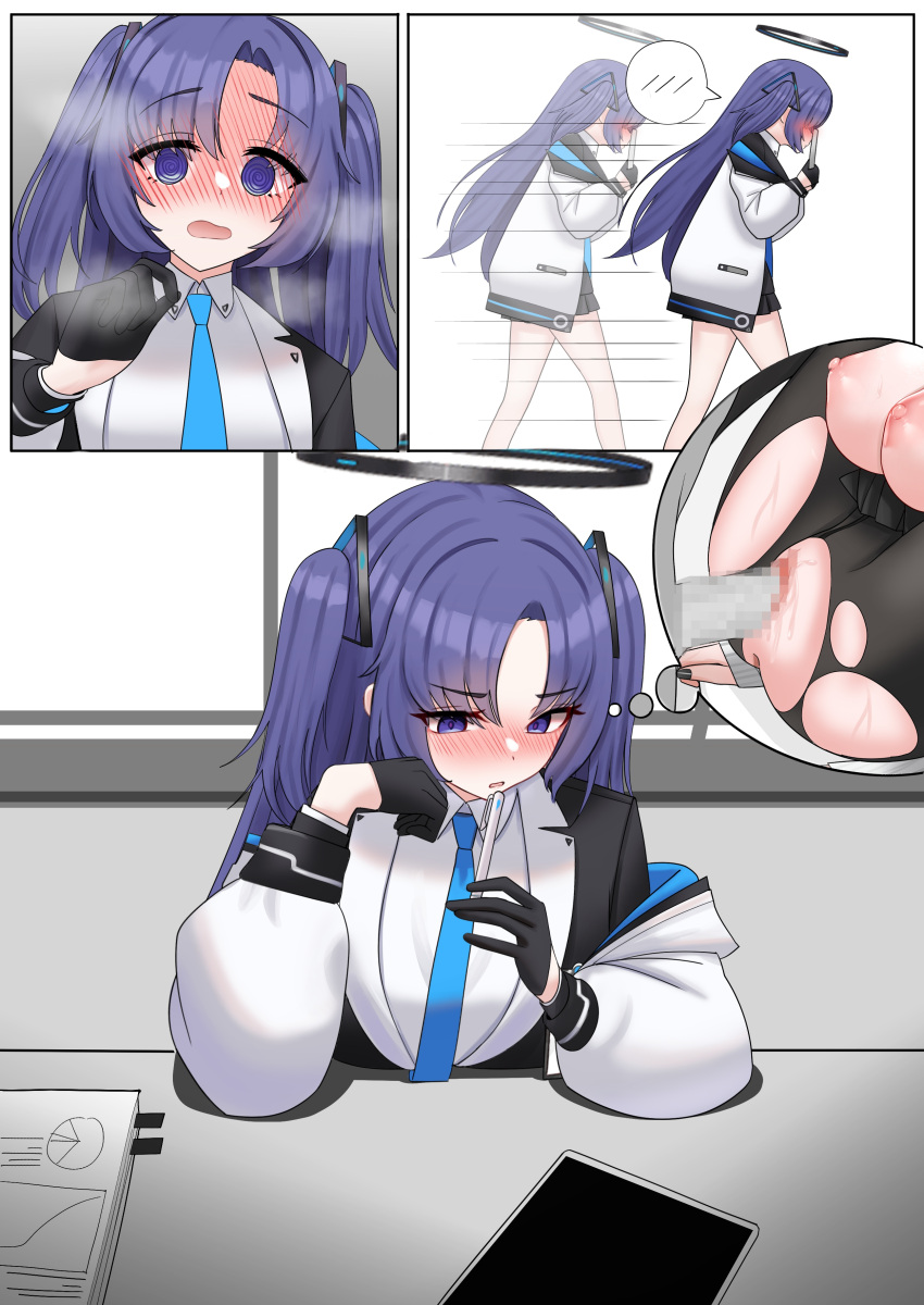 2girls @_@ absurdres black_gloves blue_archive blue_necktie blush breasts censored collared_shirt full-face_blush gloves halo hetero highres jacket large_breasts long_hair long_sleeves mechanical_halo mijikayo mosaic_censoring multiple_girls necktie nipples open_mouth penis purple_eyes purple_hair pussy rio_(blue_archive) sex shirt solo_focus spoken_blush suit tablet_pc two_side_up vaginal white_jacket white_shirt yuuka_(blue_archive)
