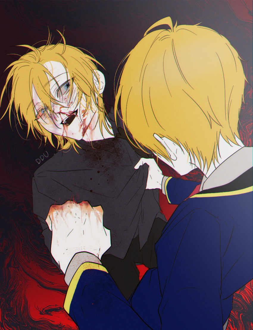 2boys artist_name beating black_necktie black_shirt blazer blonde_hair blood blood_on_clothes blood_on_face blood_on_hands blue_eyes blue_jacket commentary_request father_and_son hair_between_eyes highres hoshino_aquamarine injury jacket kamiki_hikaru korean_commentary long_sleeves looking_at_viewer messy_hair multiple_boys necktie open_mouth oshi_no_ko school_uniform shirt shirt_grab short_hair teeth upper_teeth_only youtou_high_school_uniform yubto_45