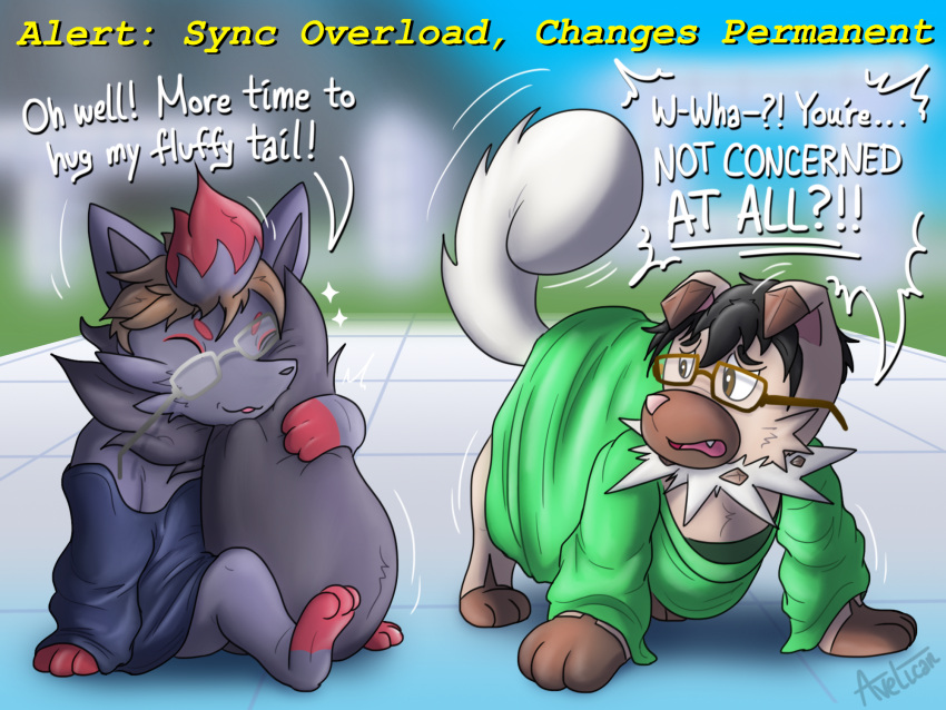 4:3 after_transformation avelican baggy_clothing blurred_background bottomless clothed clothing duo english_text eyewear feral fur generation_5_pokemon generation_7_pokemon glasses hair hi_res inside male nintendo partially_clothed permanent permanent_transformation pokemon pokemon_(species) rockruff shrunk speech_bubble synchro_machine tail tail_hug text worried zorua