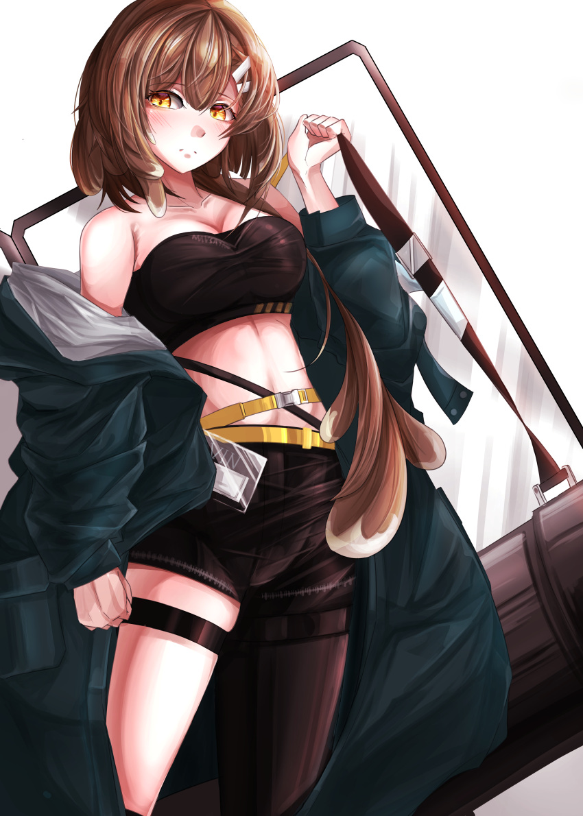 1girl absurdres arknights bandeau bare_shoulders belt black_pantyhose black_shorts blush breasts brown_hair cleavage clenched_hand commentary_request cowboy_shot firewhistle_(arknights) hair_ornament hairclip hand_up highres looking_at_viewer midriff na_tha pantyhose short_hair short_shorts shorts single_leg_pantyhose solo standing stomach strapless thigh_strap tube_top white_background yellow_belt yellow_eyes